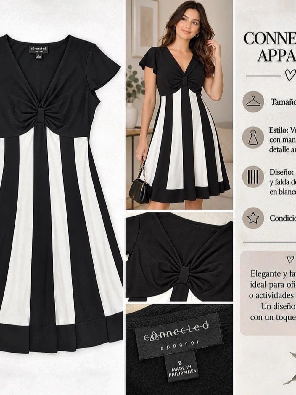 Connected Apparel Striped Midi Dress in Black & White Size 8